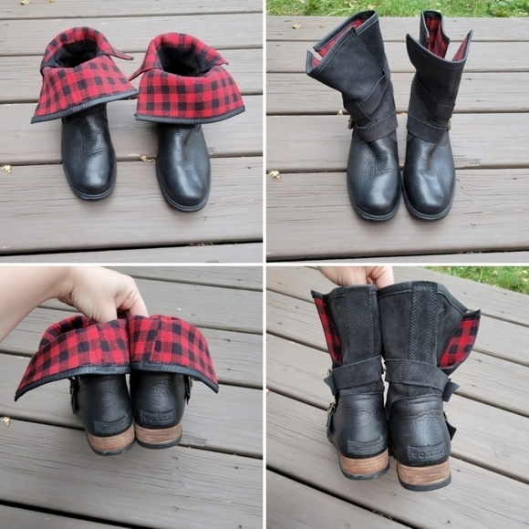 Sorel Major Moto Black Leather Red Buffalo Check Plaid Foldover Buckle Boots 8 - Picture 4 of 7